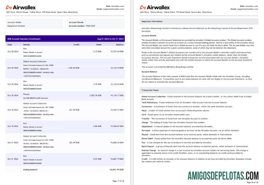 Extrato de conta limitado da Hong Kong Airwallex, modelo de 18 páginas 9